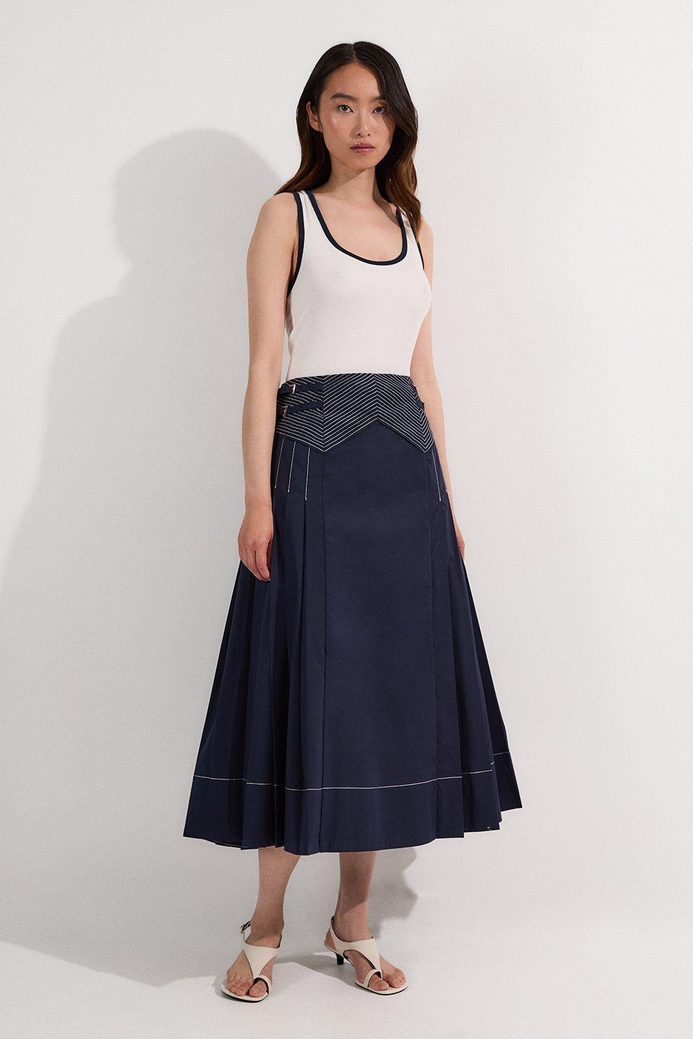 Cotton Poplin Top Stitch Detail Woven Pleat Skirt - Navy