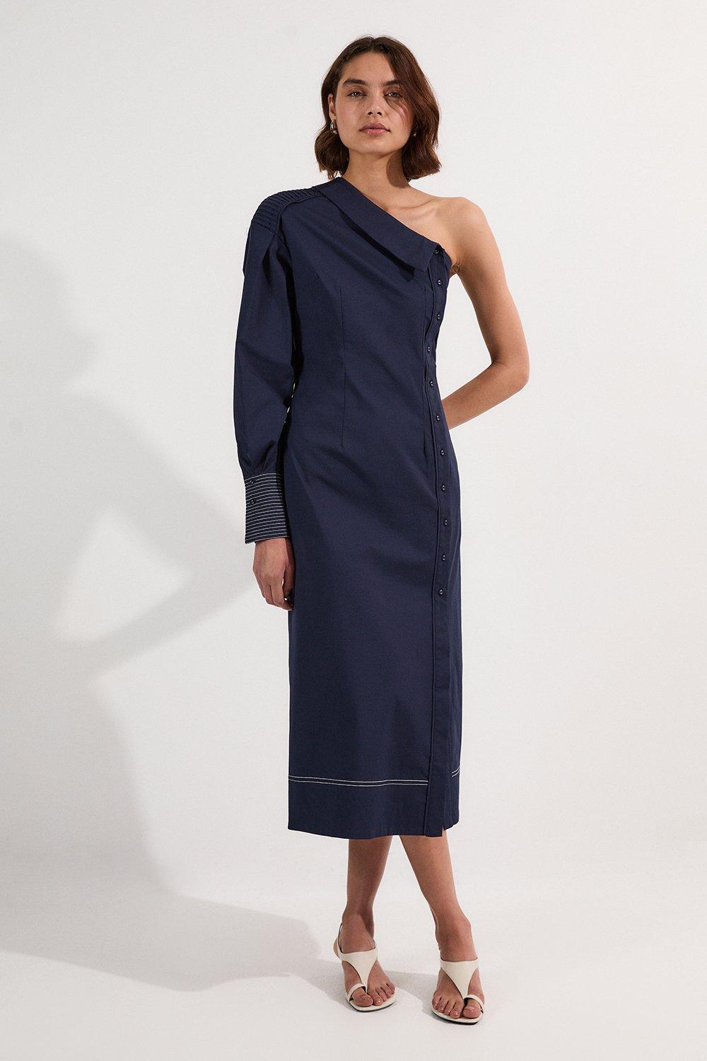 Cotton Poplin Top Stitch Detail One Shoulder Woven Midi Dress - Navy