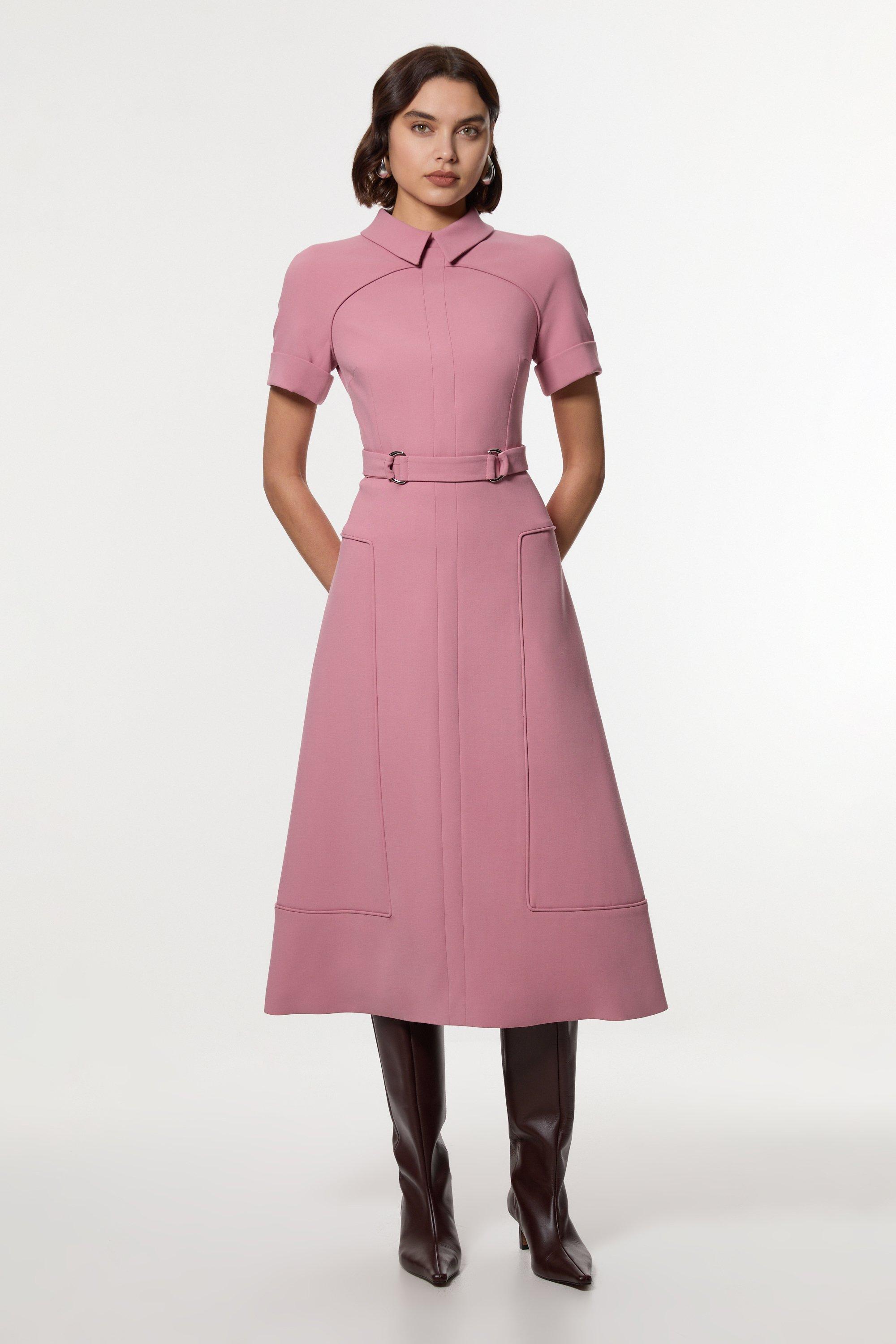 Petite Compact Stretch Tab Detail Full Skirted Midi Dress - Dusty Pink