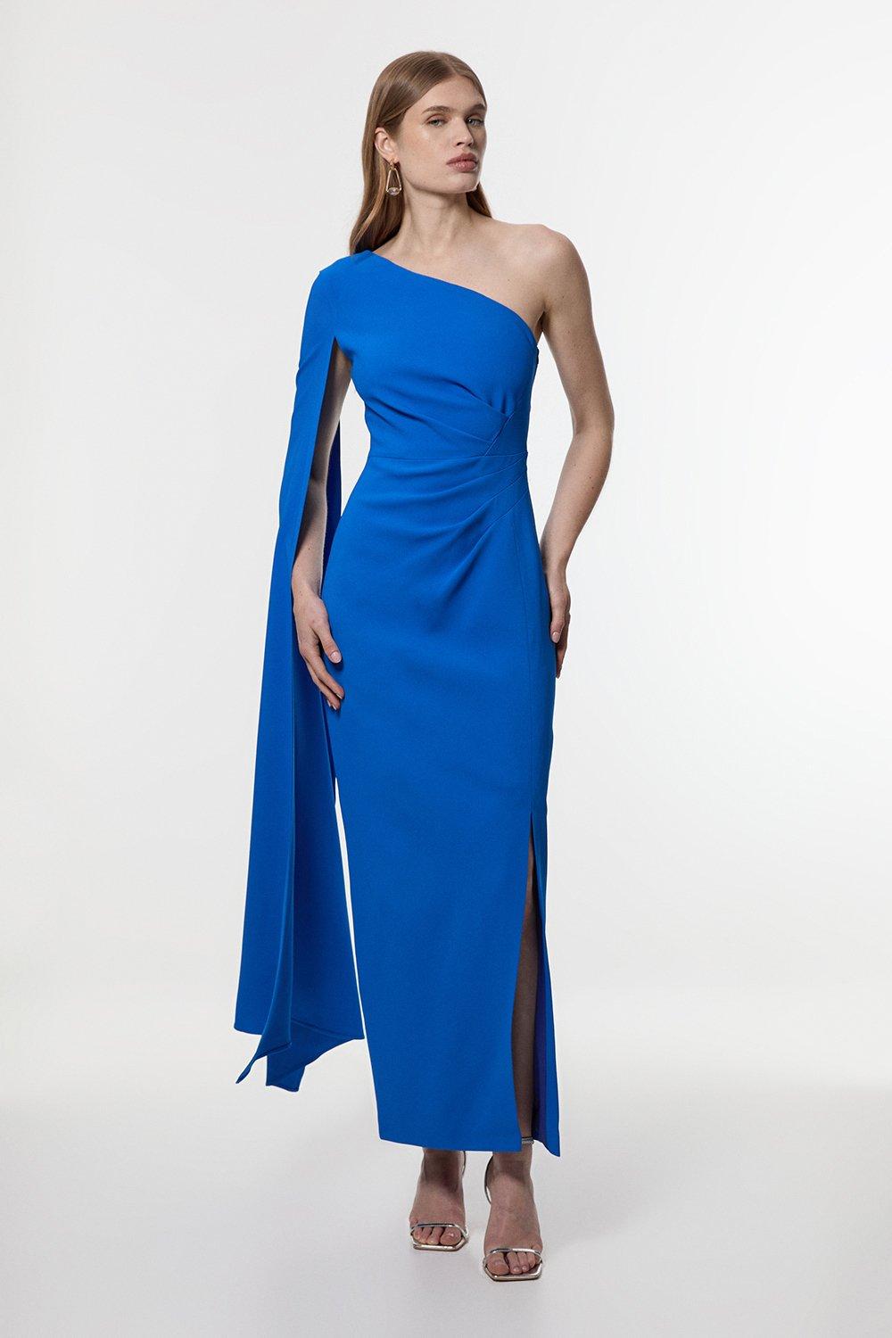 Petite Compact Stretch Viscose One Shoulder Cape Maxi Dress - Blue