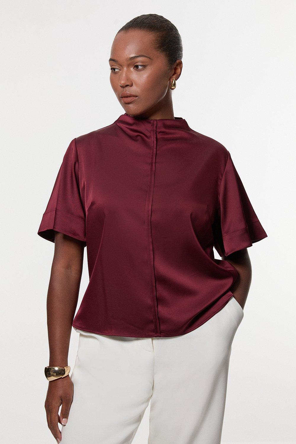Plus Size Top Stitch Satin Woven Short Sleeve Top - Aubergine