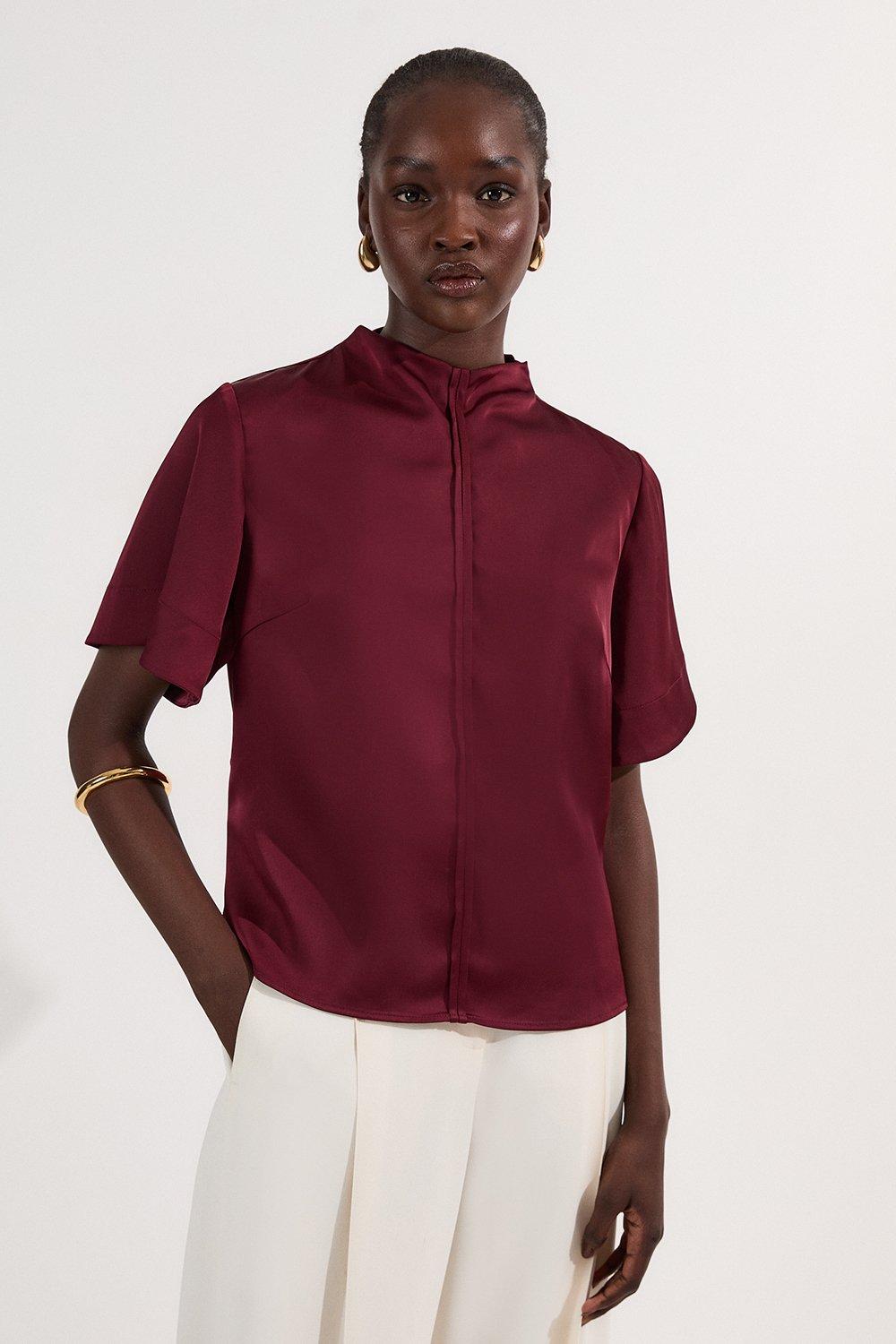 Top Stitch Satin Woven Short Sleeve Top - Aubergine