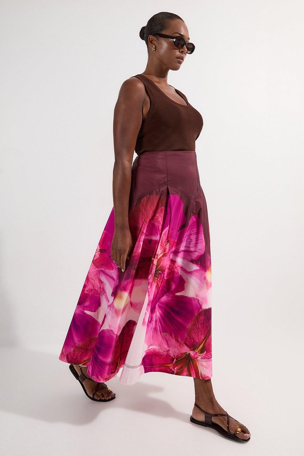 Plus Size Placed Taffeta Woven Maxi Skirt - Floral