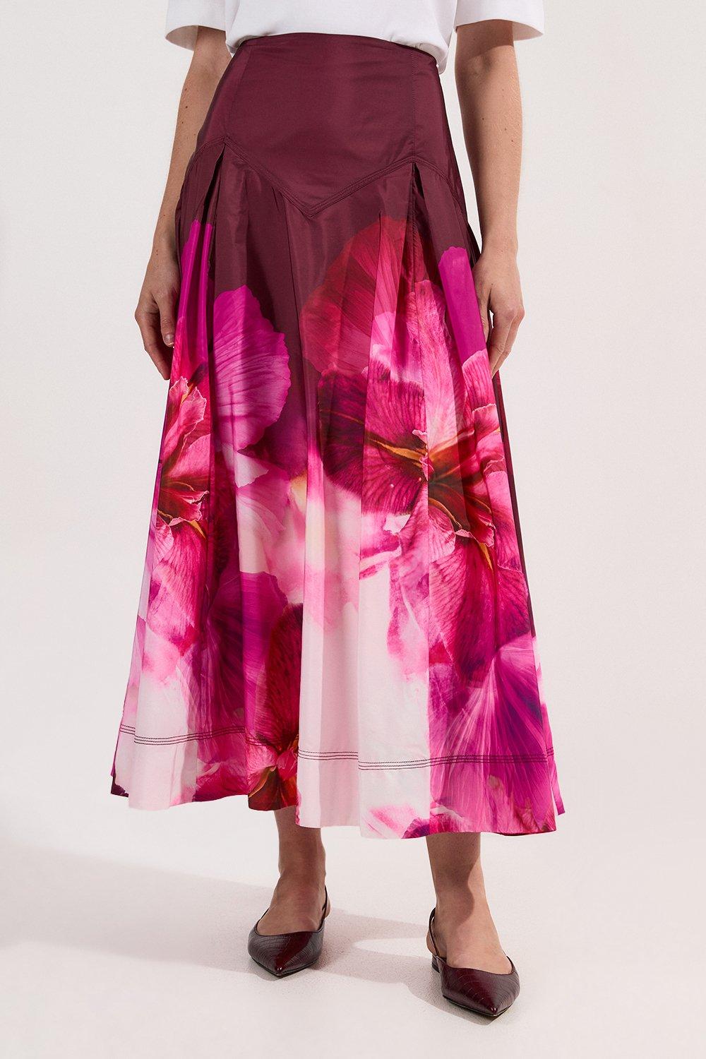 Placed Taffeta Woven Maxi Skirt - Floral