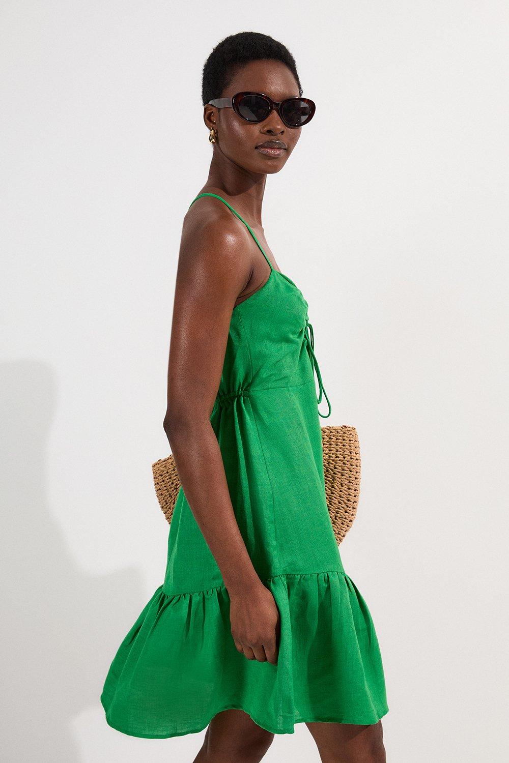 Petite Viscose Linen Woven Mini Beach Dress - Green