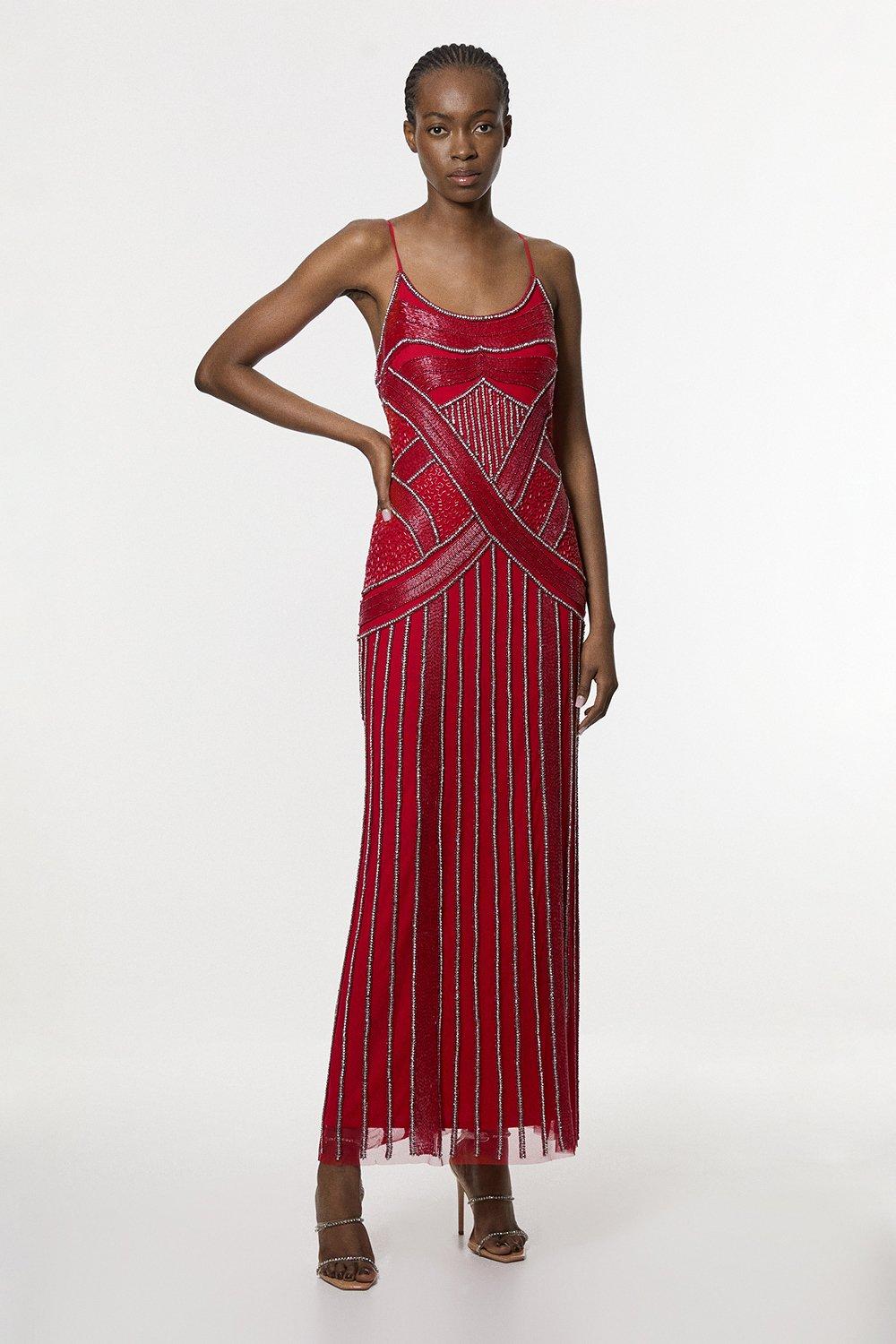 Petite Crystal Beaded Strappy Woven Maxi Dress - Red