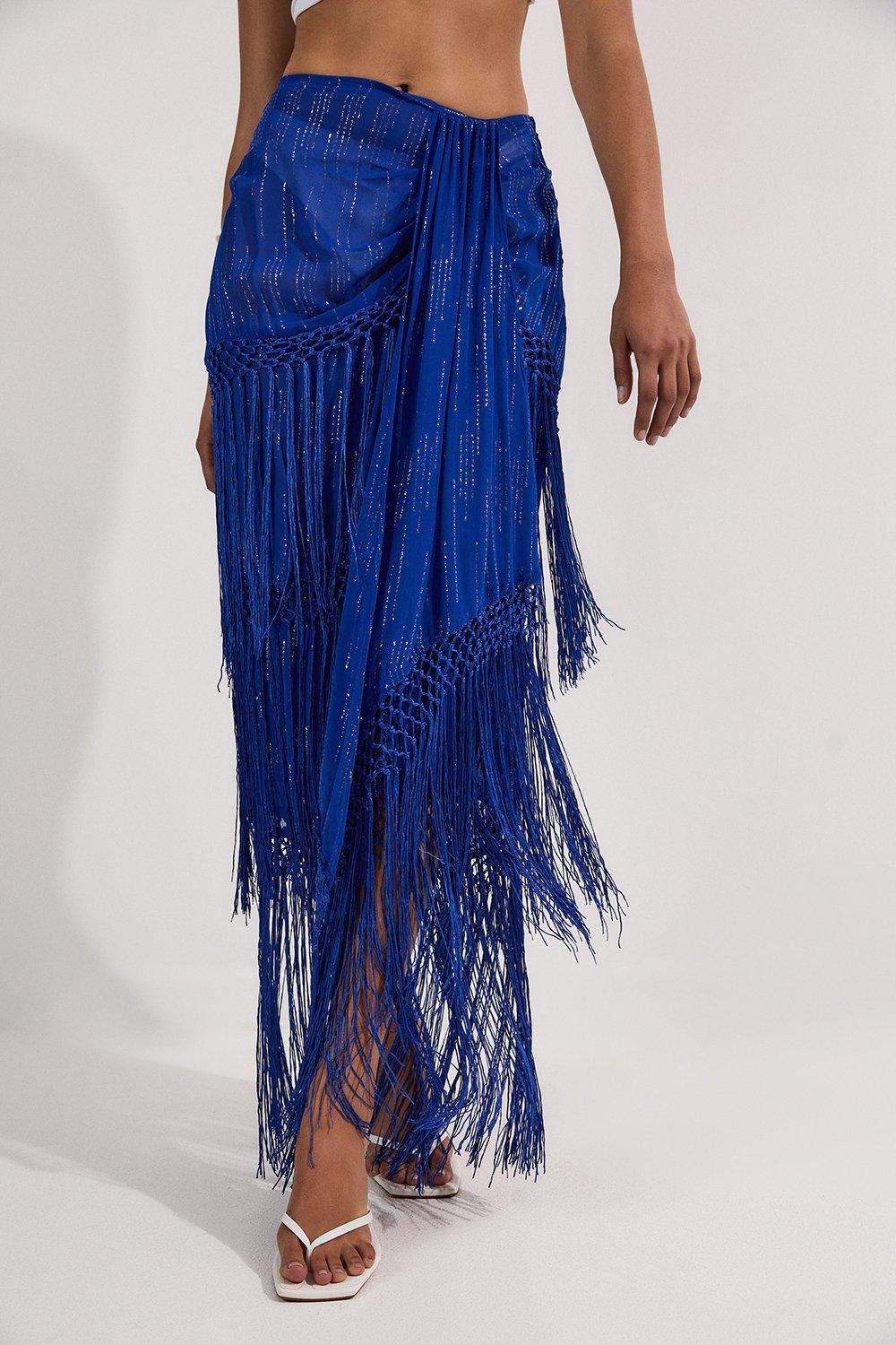 Beach Fringe Metallic Thread Maxi Dress - Blue