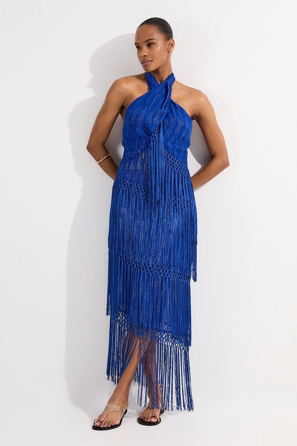 Petite Beach Fringe Halter Neck Woven Dress - Blue