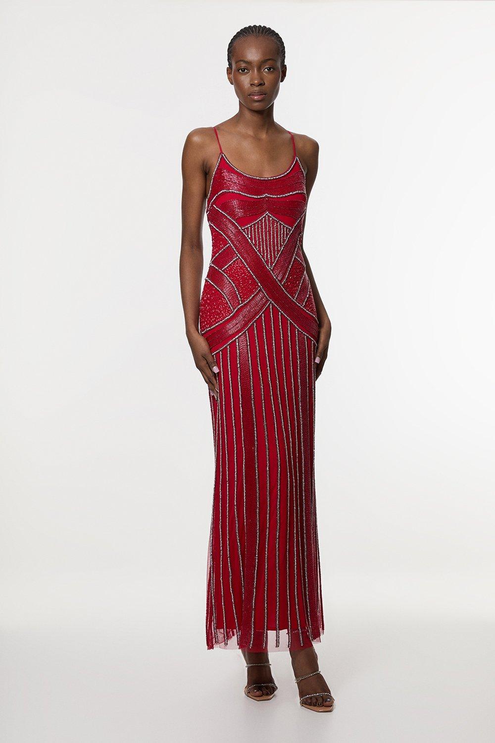 Crystal Beaded Strappy Woven Maxi Dress - Red