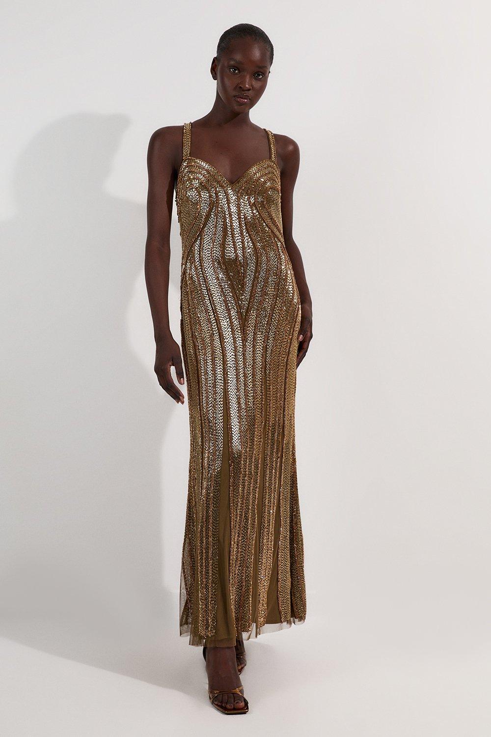 Beaded Contour Sweet Heart Neckline Woven Maxi Dress - Gold