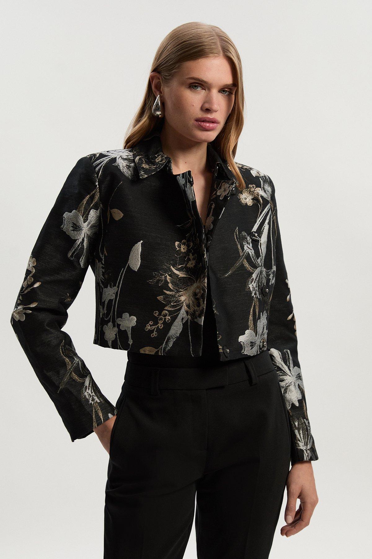 Floral Jacquard Tailored Jacket - Black