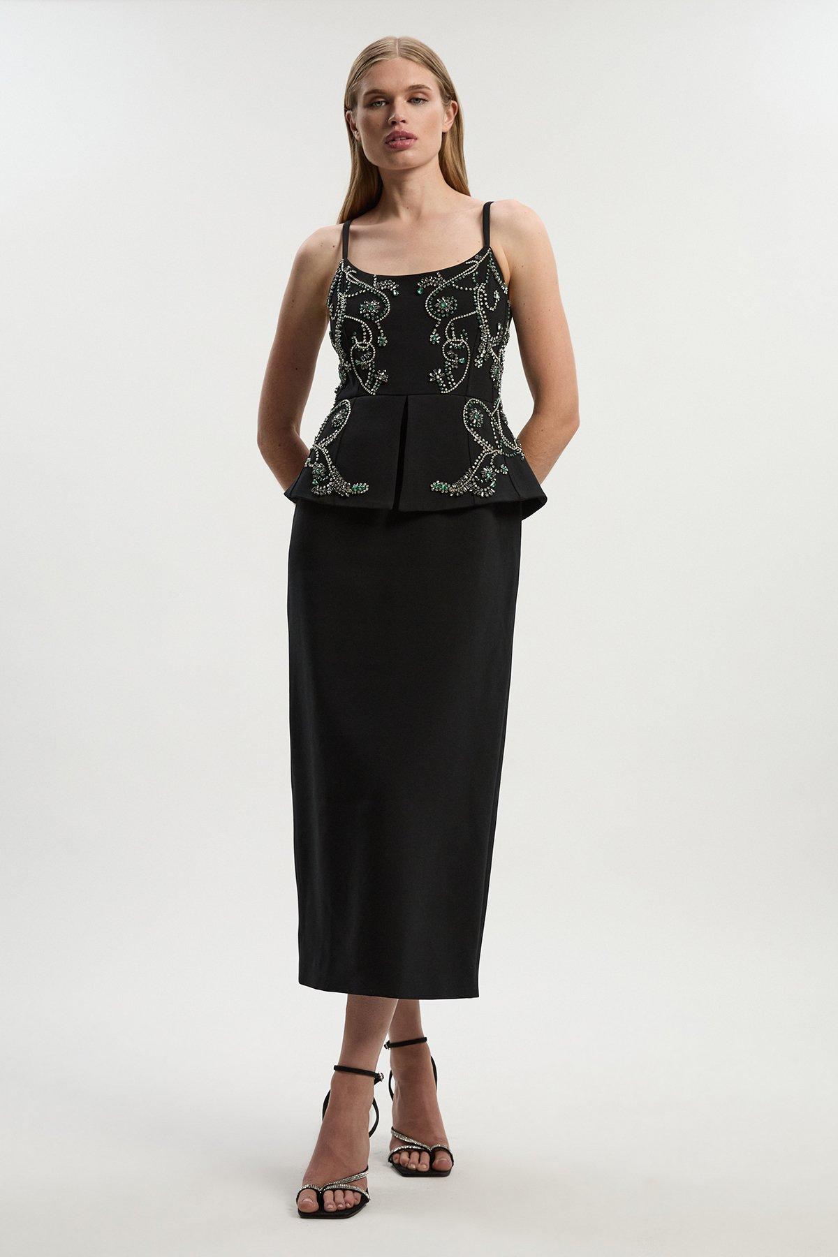 Petite Crystal Embellished Peplum Bandeau Pencil Midi Dress - Black
