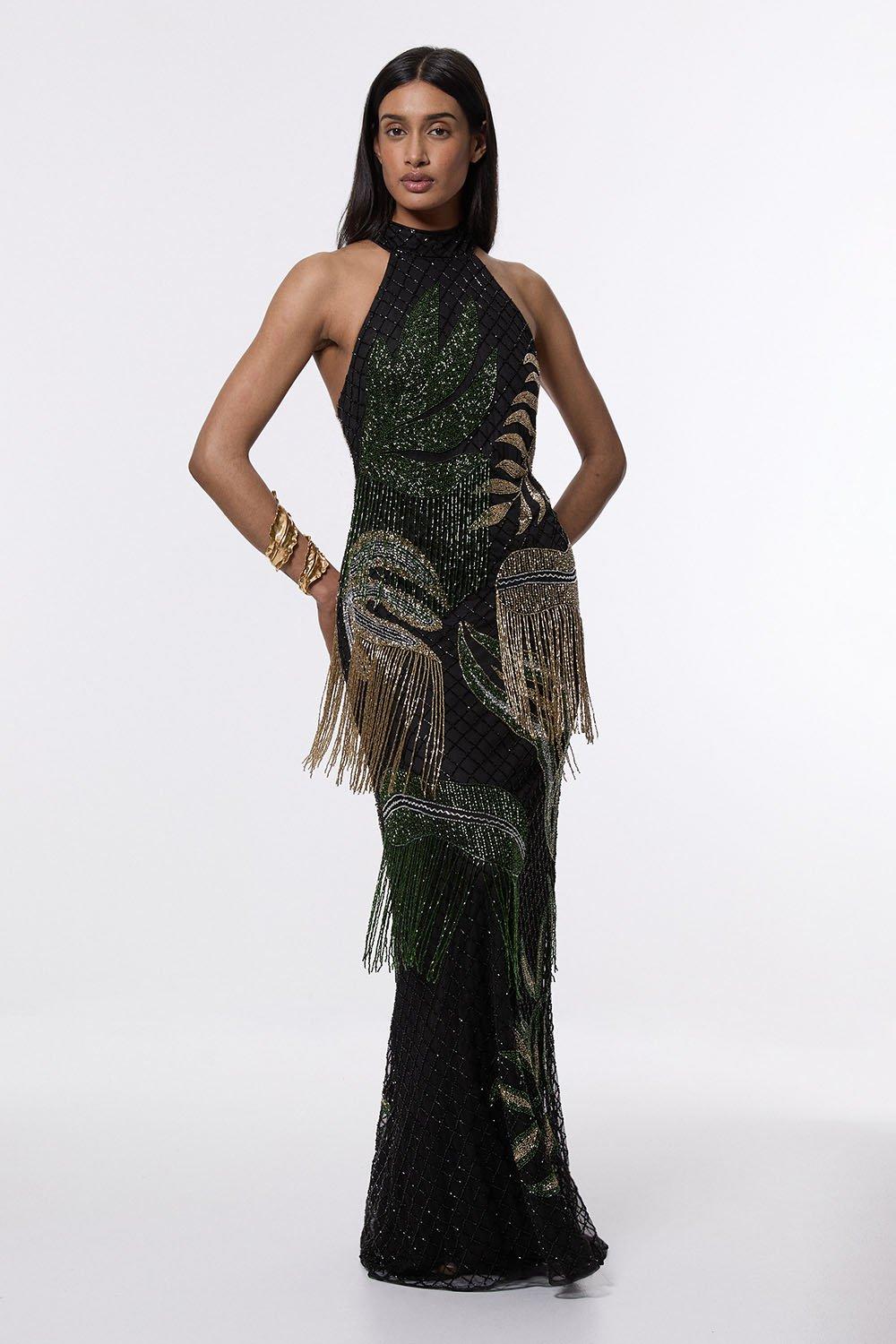Petite Tropical Beaded Strappy Back Woven Halter Maxi Dress - Black