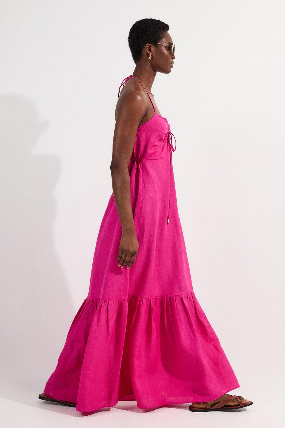 Petite Viscose Linen Woven Maxi Beach Dress - Pink