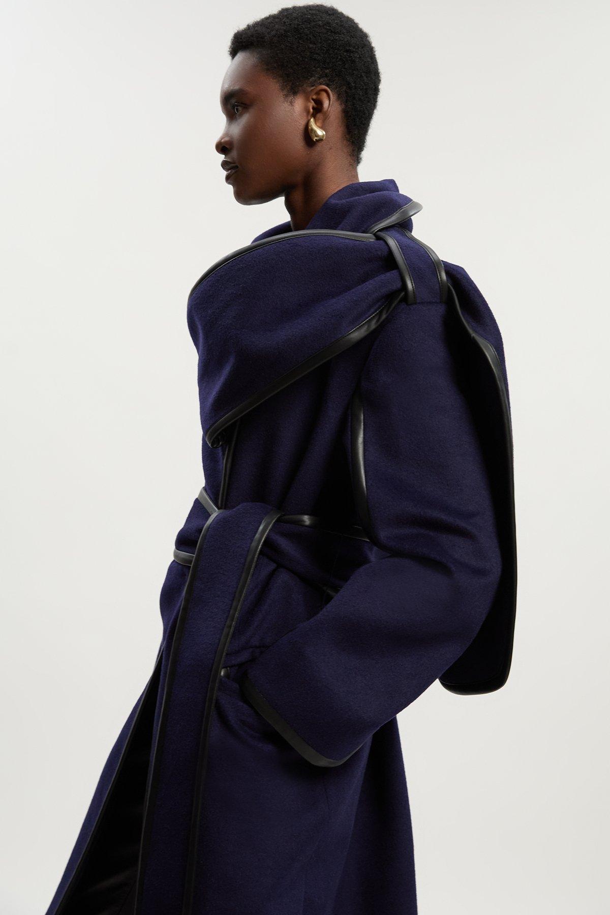 Brushed Wool Pu Mix Scarf Neck Belted Tailored Maxi Coat - Navy