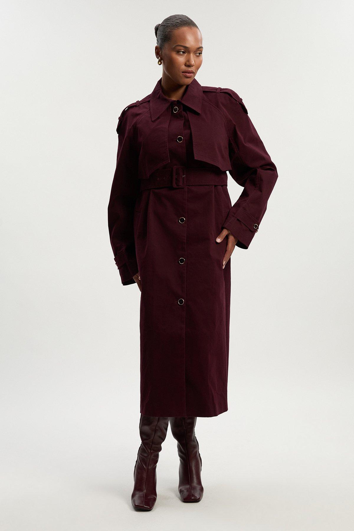 Plus Size Pleated Black Trench Coat - Red