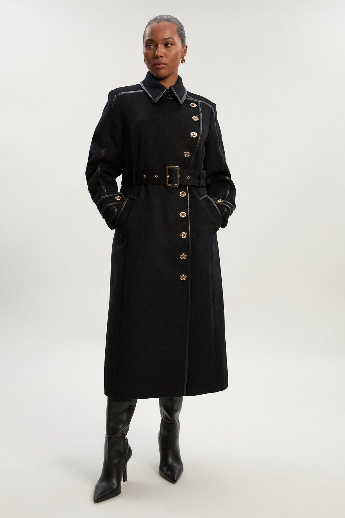 Plus Size Brushed Wool Pu Mix Gold Trim Belted Midi Coat - Black