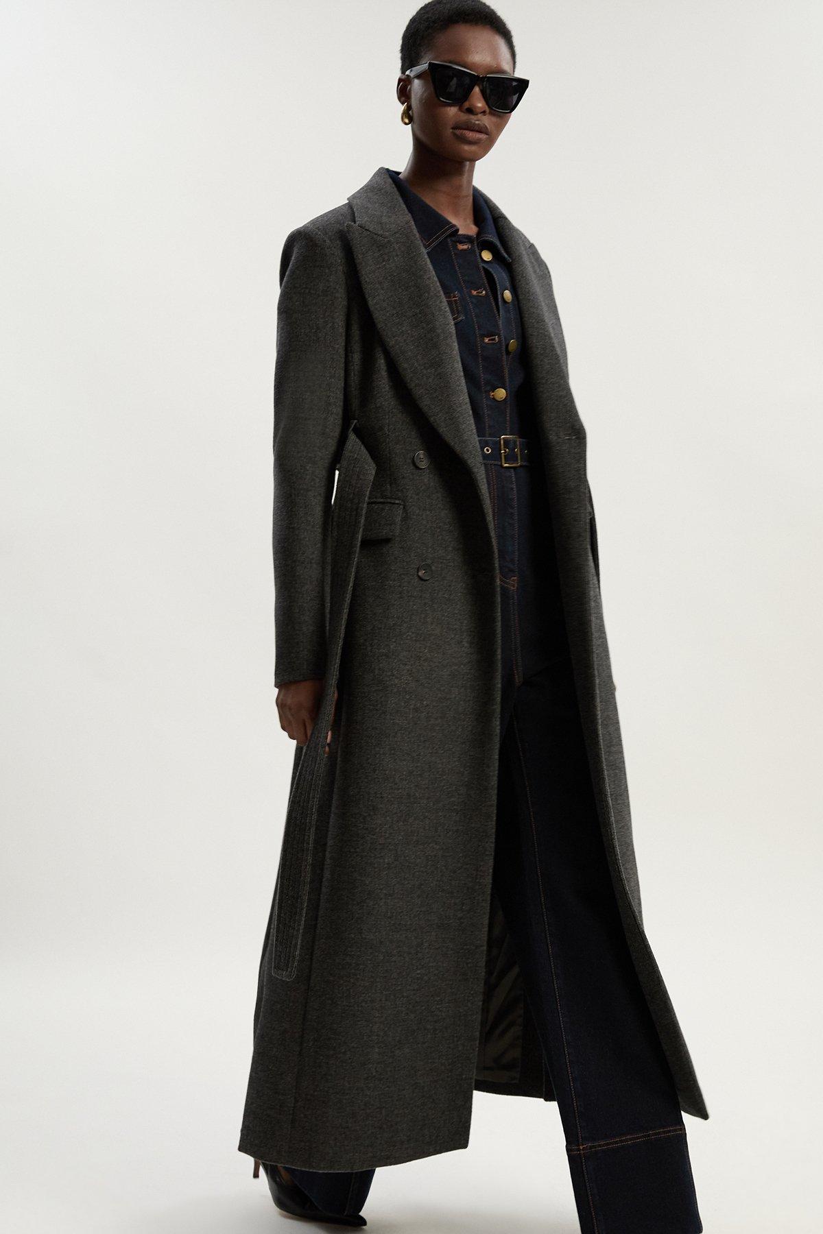 Brushed Wool Check Double Breasted Belted Tailored Maxi Coat - Grey
