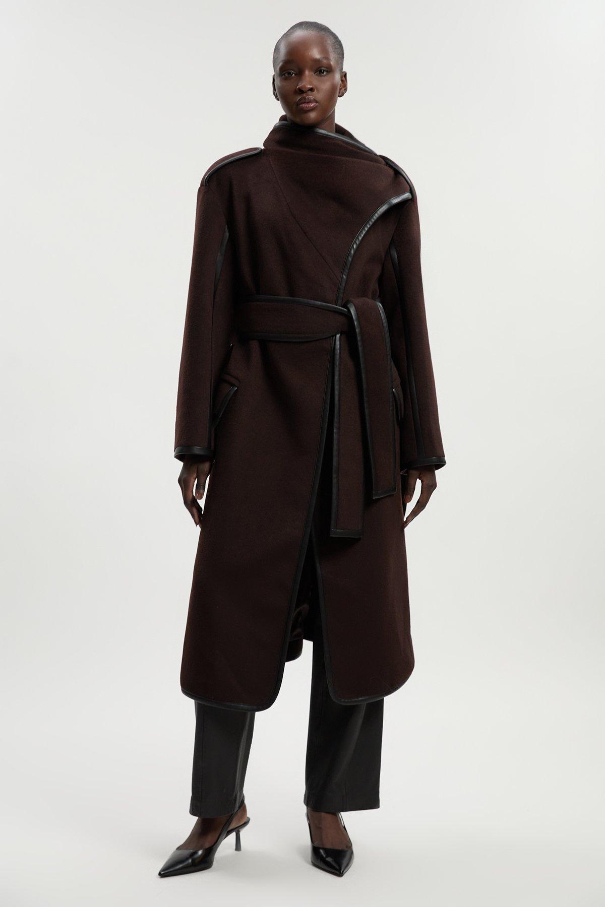 Petite Brushed Wool Pu Mix Scarf Neck Belted Tailored Maxi Coat - Brown