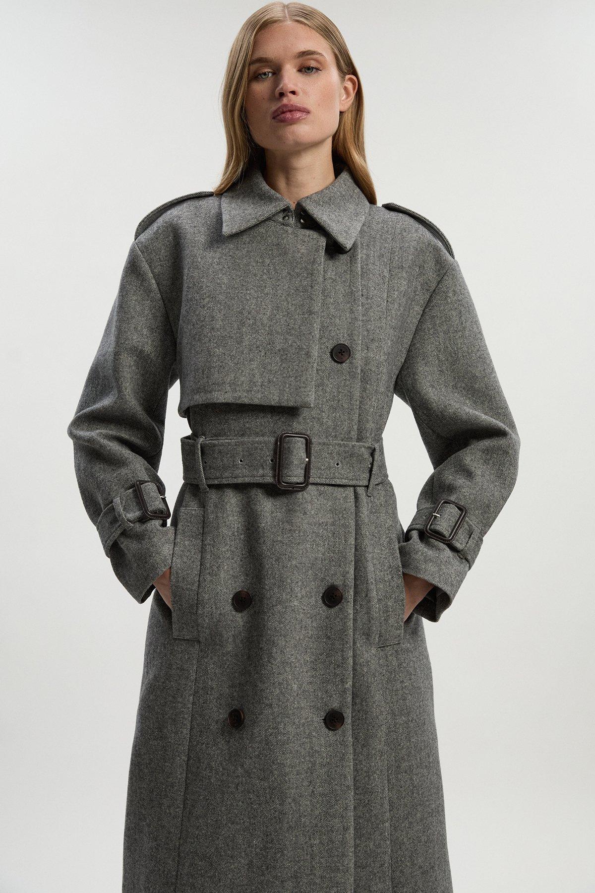 Herringbone Wool Belted Trench Tailored Maxi Coat - Grey