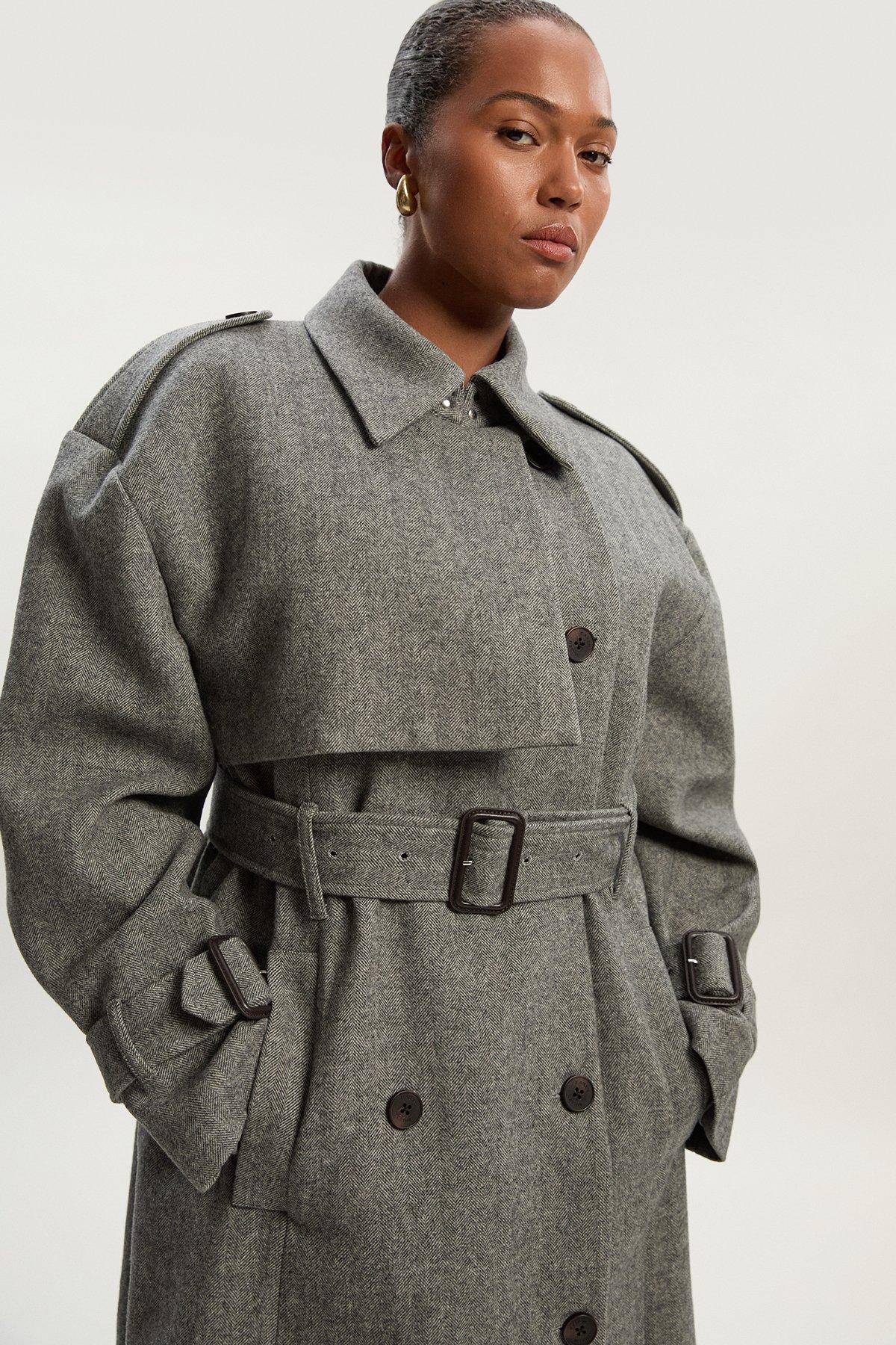 Plus Size Herringbone Wool Belted Trench Tailored Maxi Coat - Grey