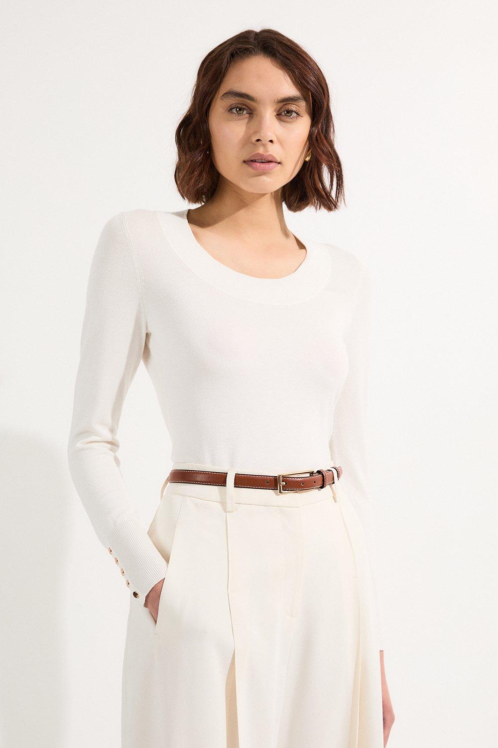 Viscose Blend Long Sleeve Scoop Neck Knitted Top - Ivory