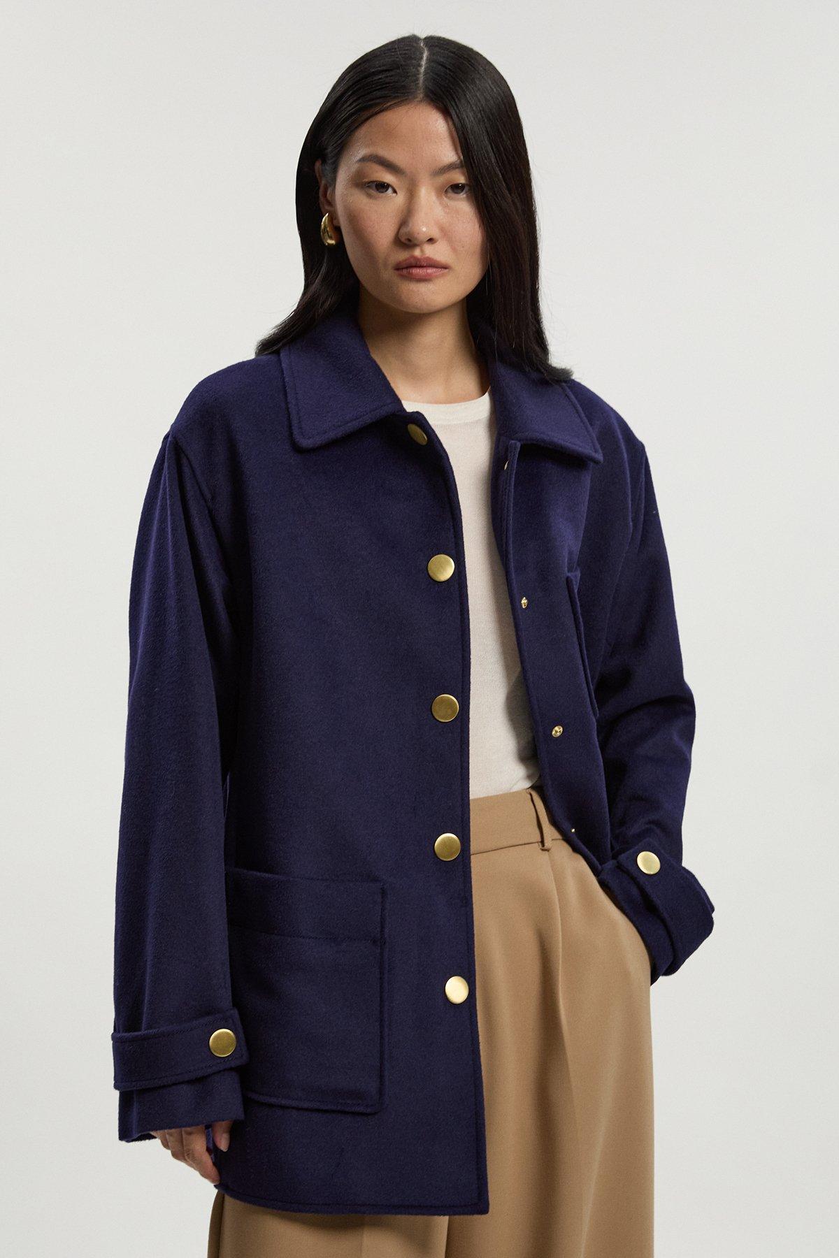 Brushed Wool Patch Pocket Tailored Medium Coat - Navy