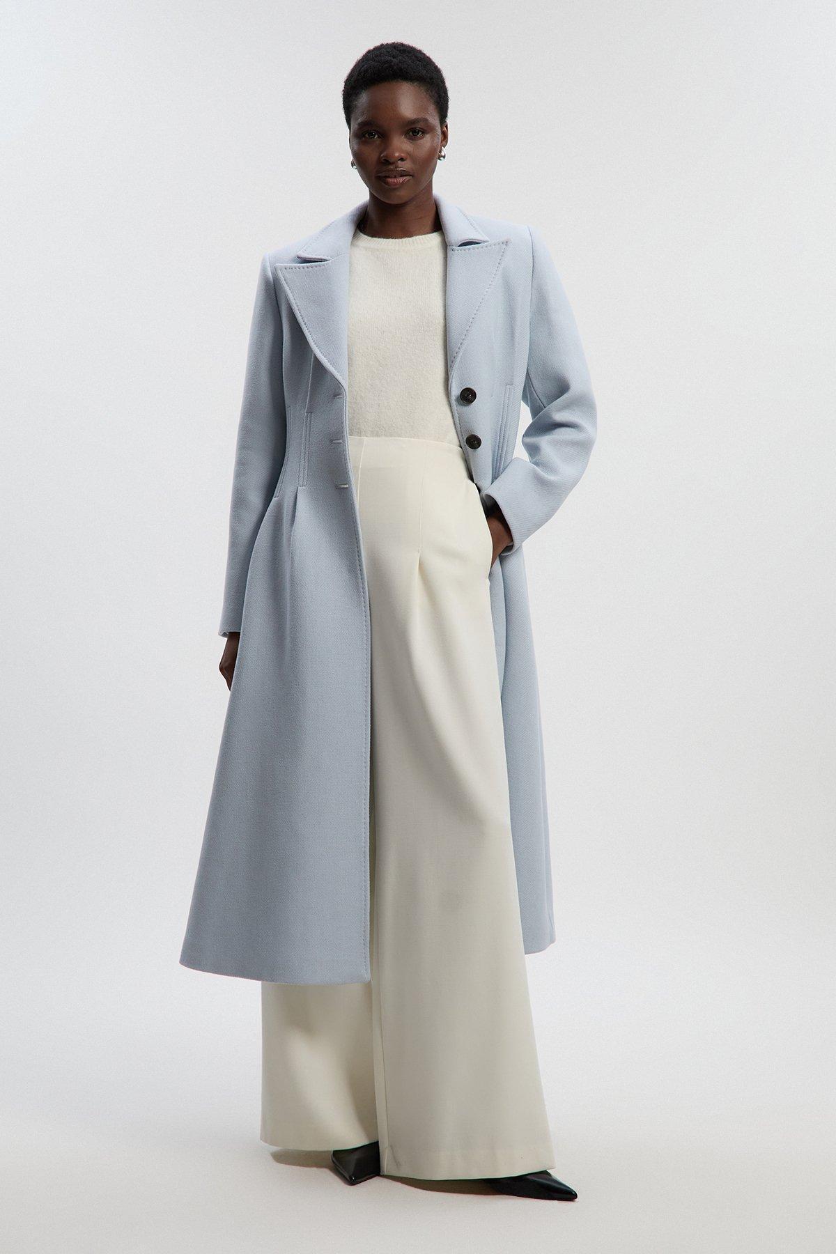 Petite Wool Corset Detail Full Skirted Tailored Maxi Coat - Pale Blue