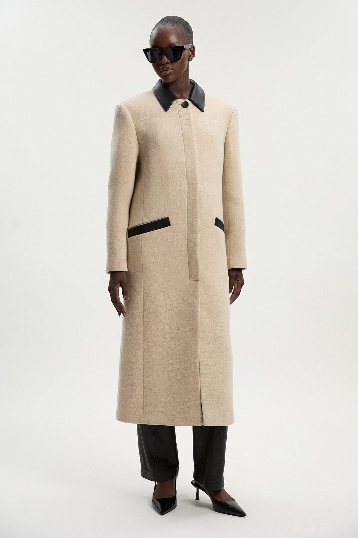 Wool Pu Mix Tailored Midi Coat - Oatmeal