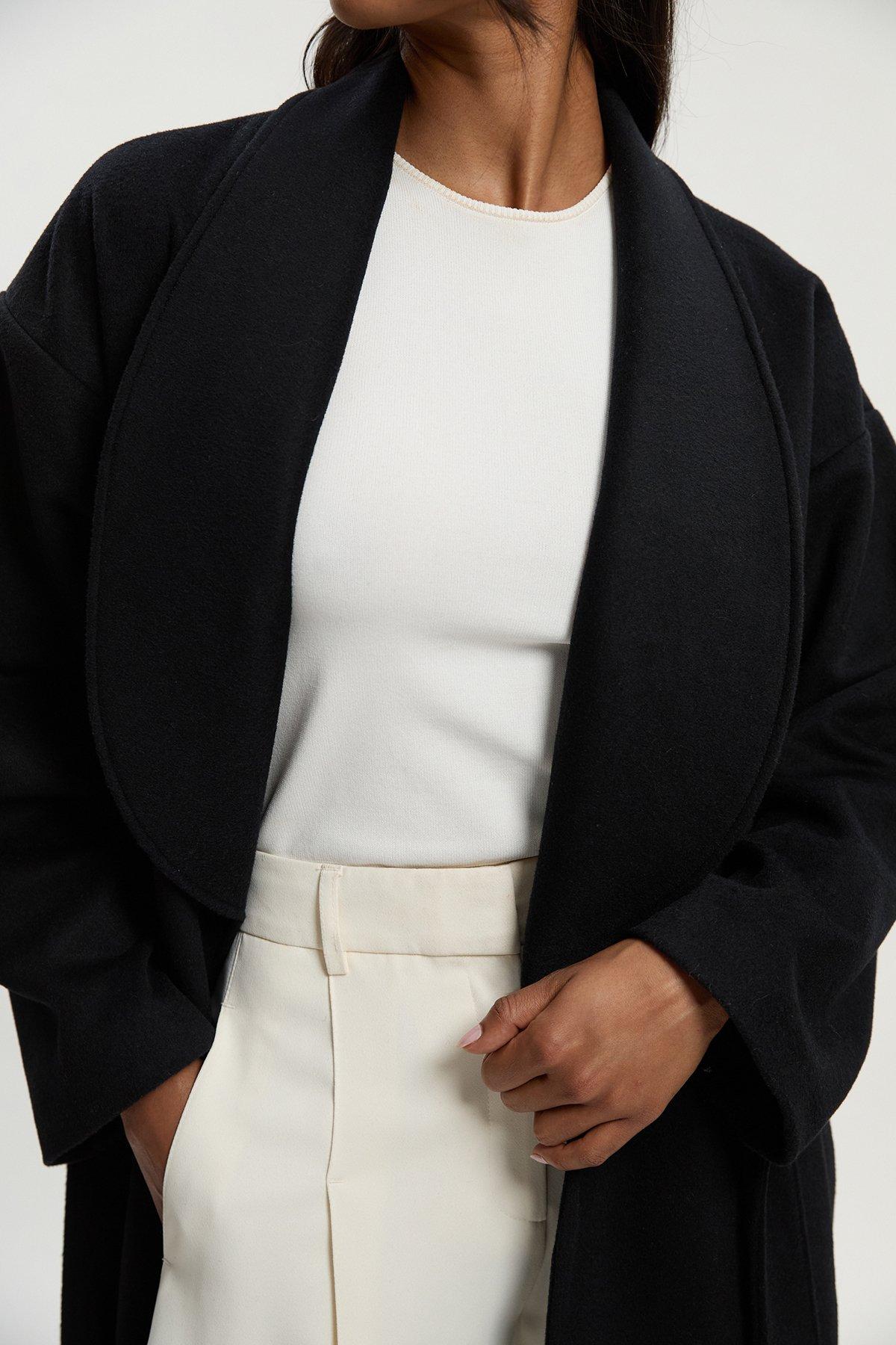 Petite Brushed Wool Belted Wrap Tailored Maxi Coat - Black