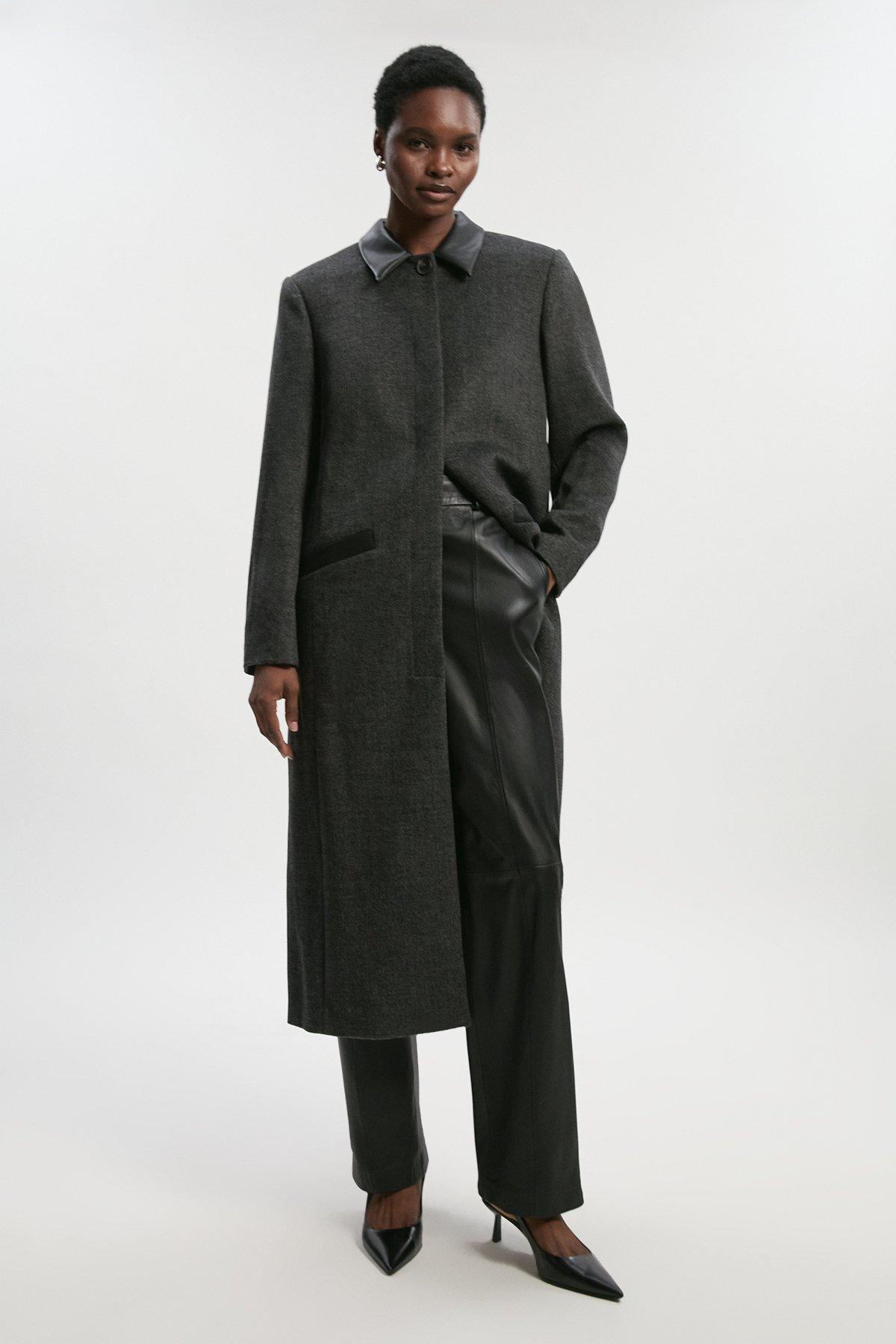 Brushed Wool Check Pu Mix Tailored Midi Coat - Grey