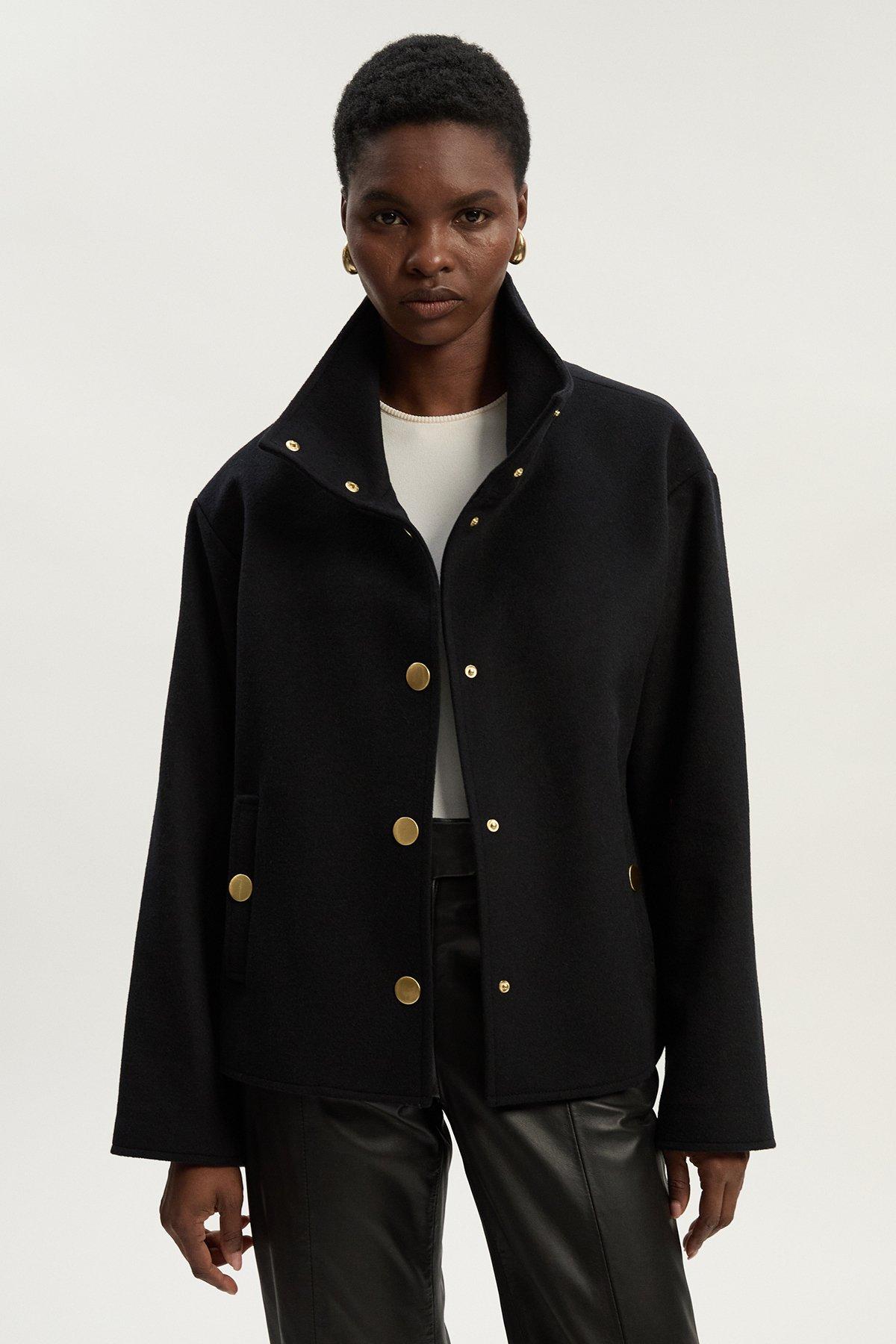 Tall Brushed Wool Funnel Neck Tailored Short Coat - Black