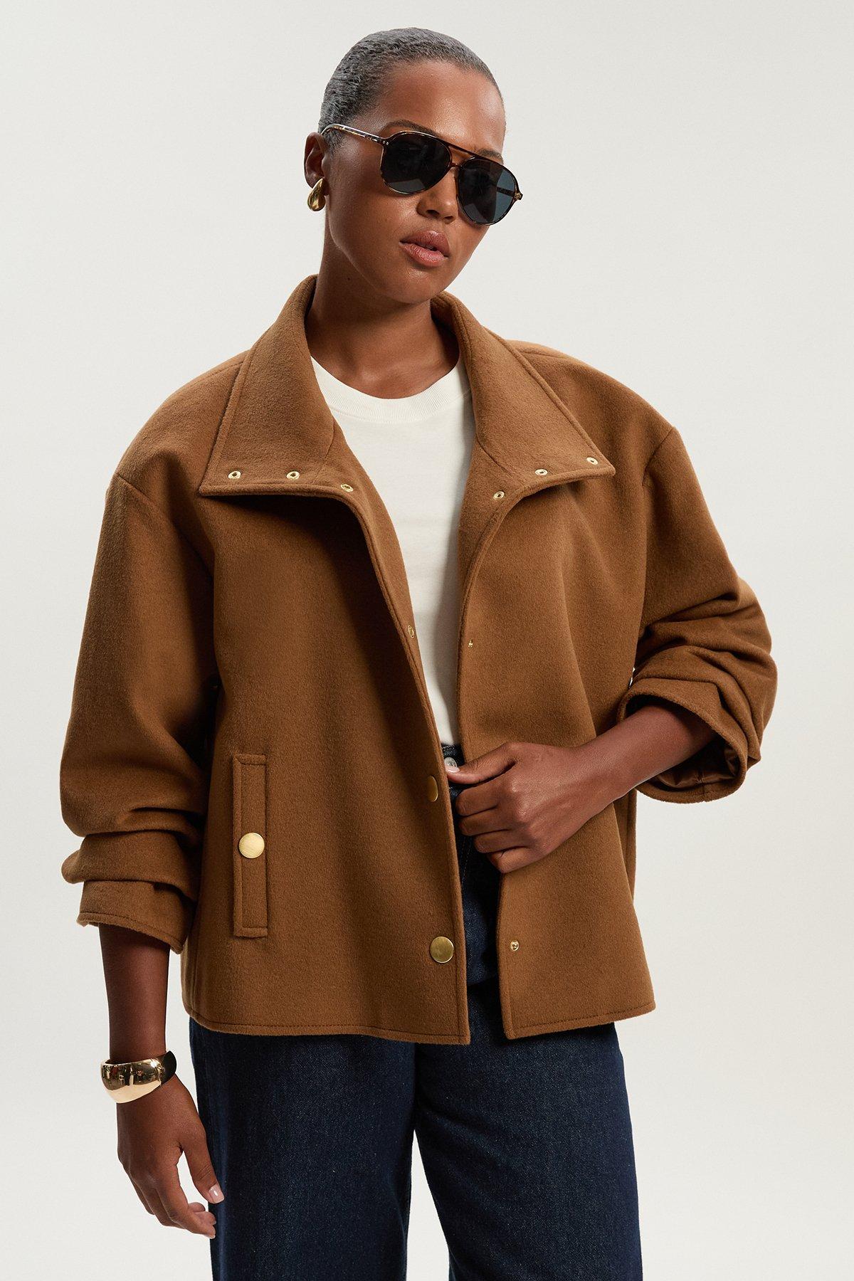 Plus Size Brushed Wool Funnel Neck Tailored Short Coat - Camel