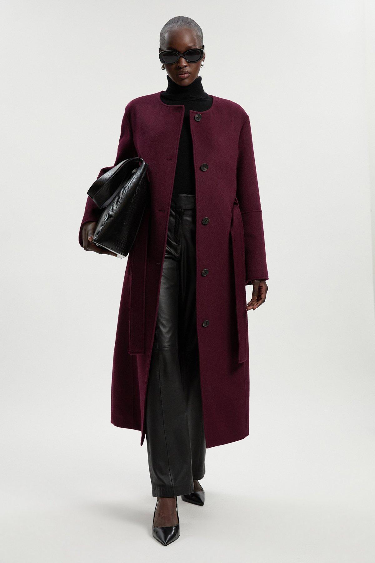Tall Brushed Wool Single Breasted Belted Tailored Maxi Coat - Red