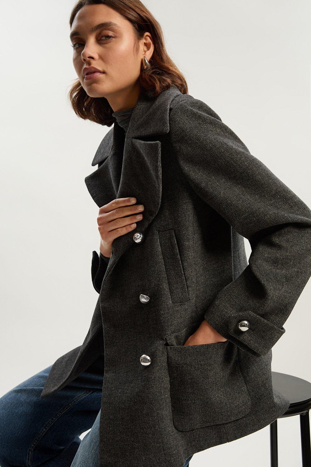 Brushed Wool Check Pocket Tailored Short Coat - Grey
