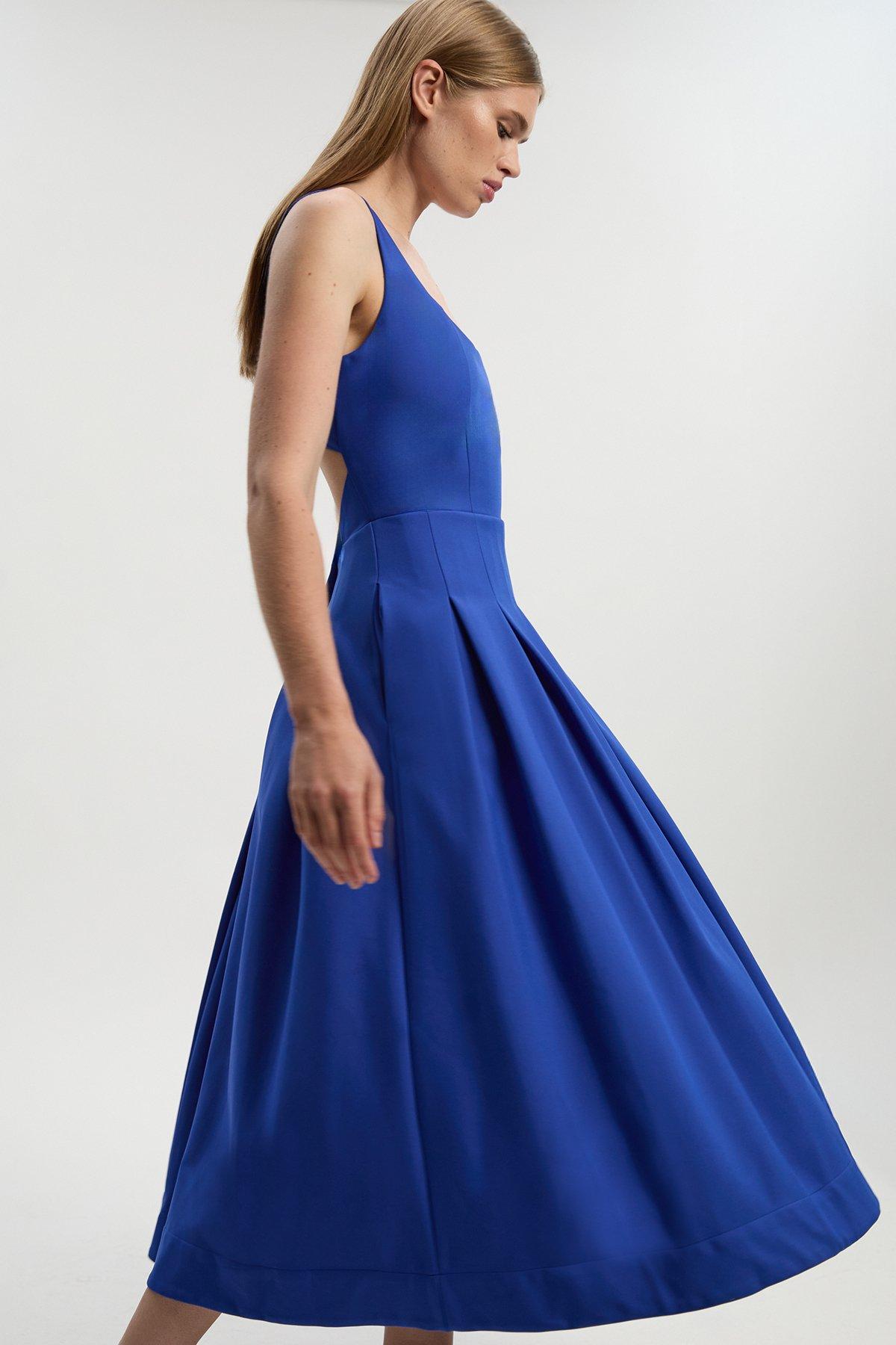 Tailored Scuba Strappy Full Skirted Midi Dress - Blue