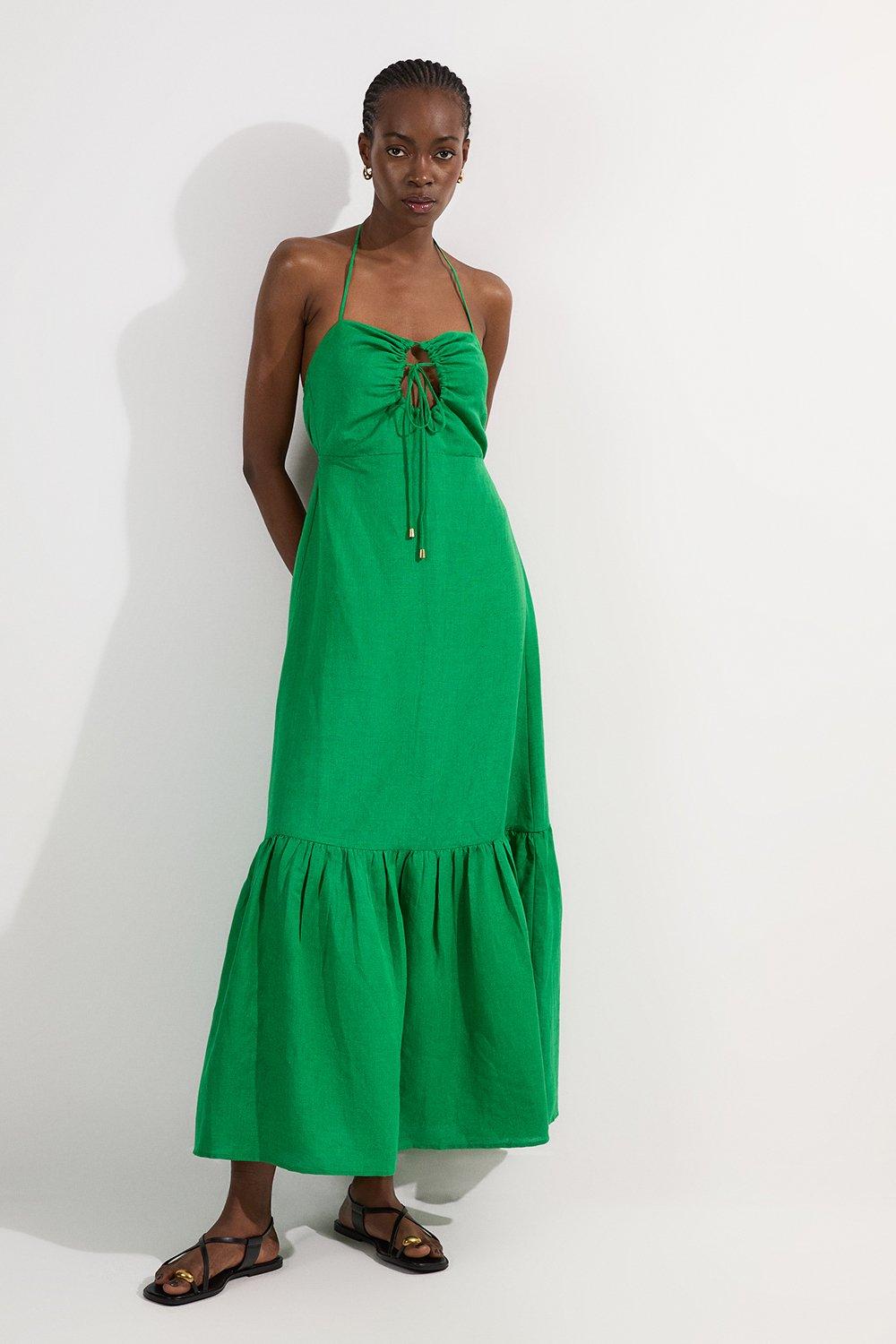 Tall Viscose Linen Woven Maxi Beach Dress - Green