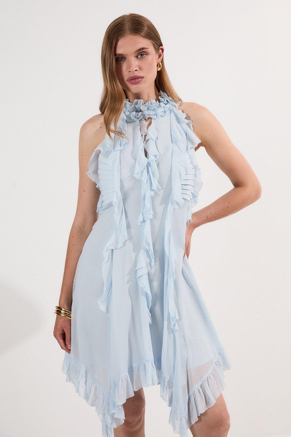 Viscose Georgette Ruffle Halter Neck Woven Top Mini Dress - Blue