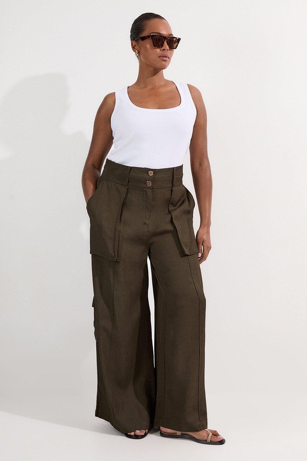 Plus Size Linen Twill Top Stitch Woven Trouser - Khaki/Green