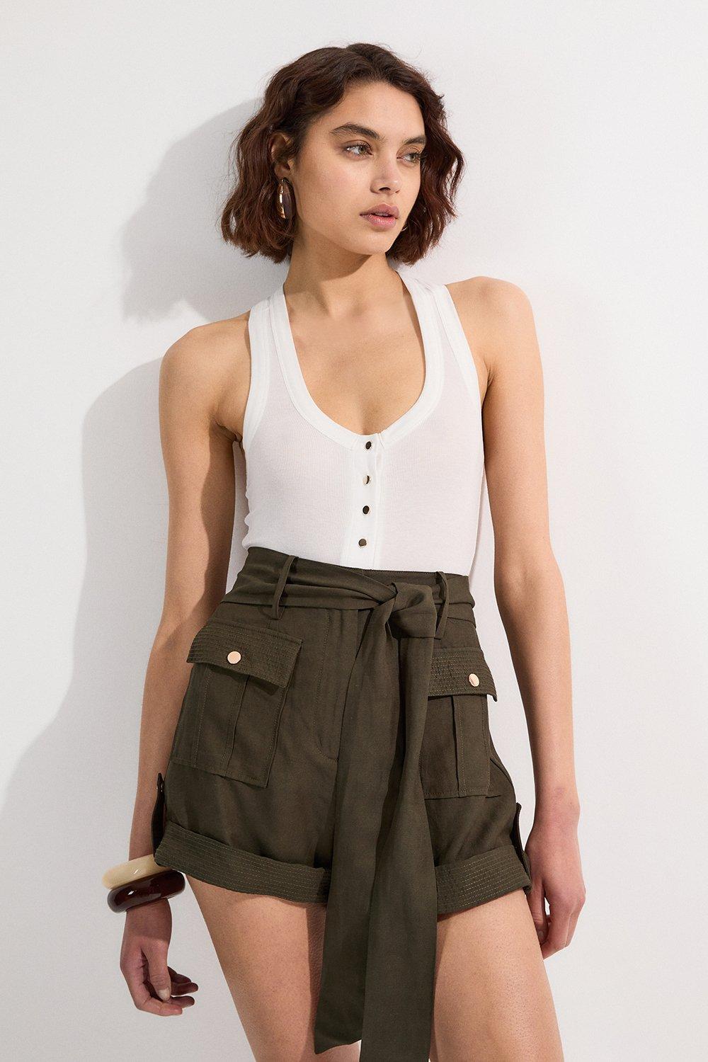 Tall Linen Twill Top Stitch Belted Woven Short - Khaki/Green