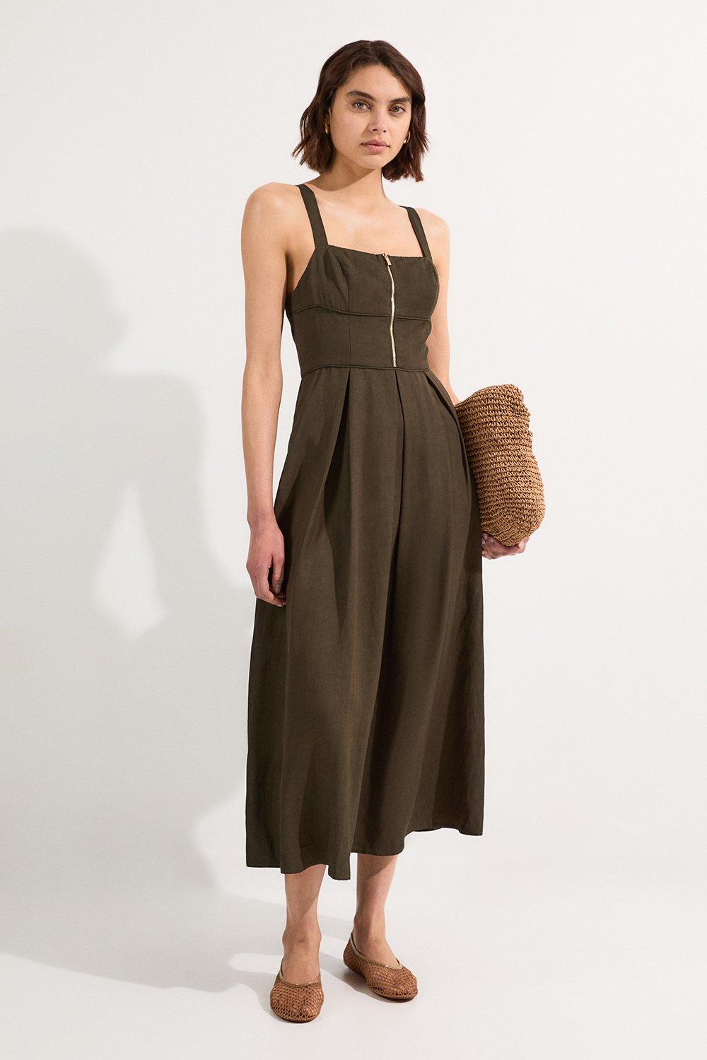 Petite Linen Twill Top Stitch Strappy Woven Zip Front Midi Dress - Khaki/Green