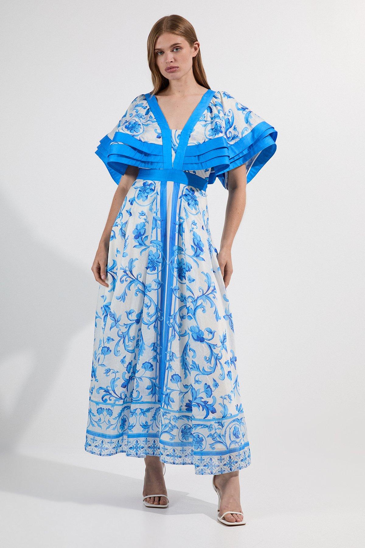 Petite Organdie Ruffle Sleeve Plunge Neck Floral Print Woven Maxi Dress - Blue