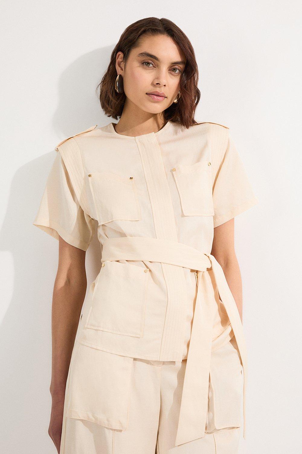 Linen Twill Top Stitch Belted Top With Gold Studs - Ivory