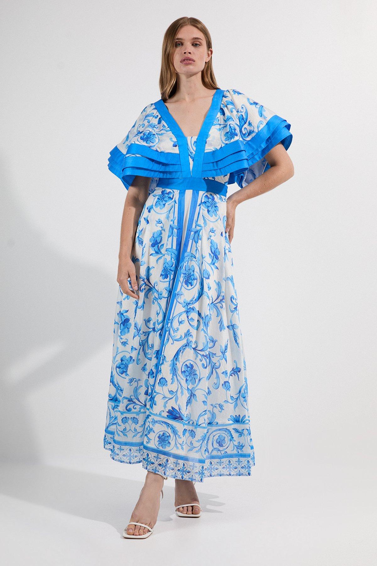 Organdie Ruffle Sleeve Plunge Neck Floral Print Woven Maxi Dress - Blue