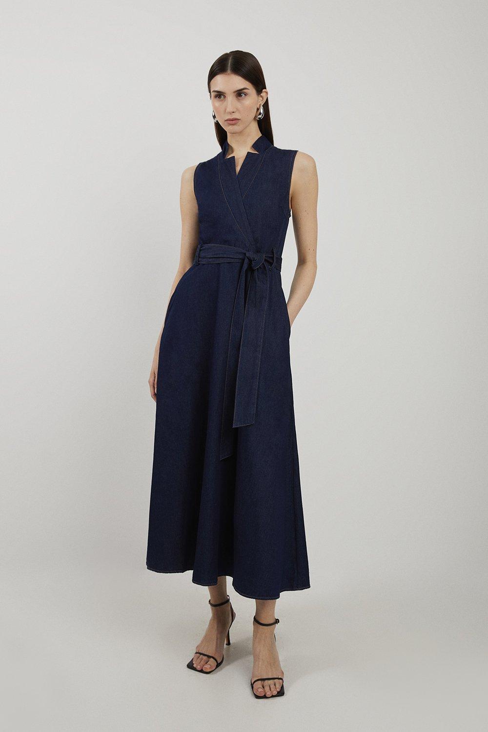 Petite Denim Tailored Notch Neck Belted Fluid Midi Dress - Indigo