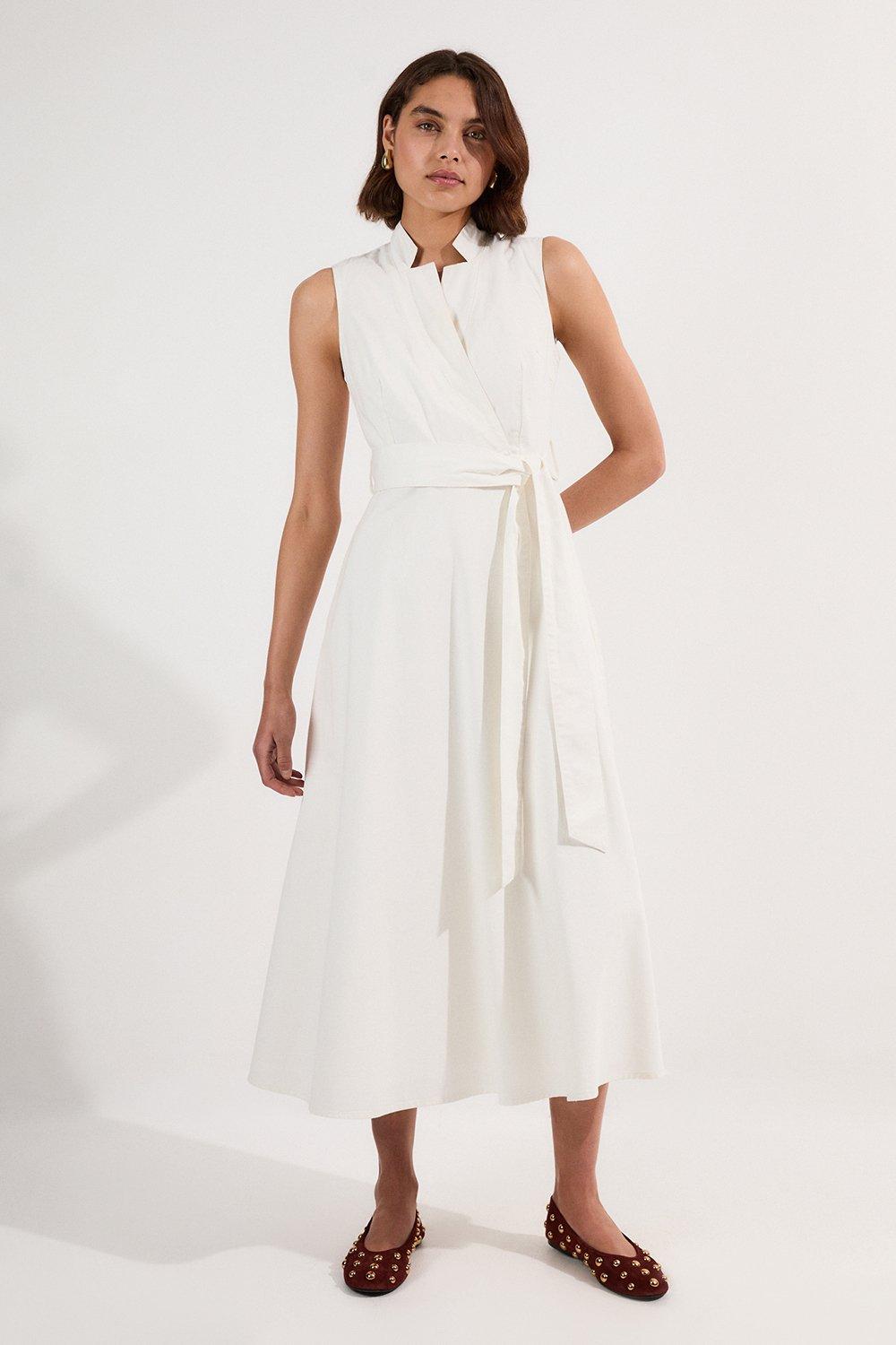 Petite Denim Tailored Notch Neck Belted Fluid Midi Dress - Ivory