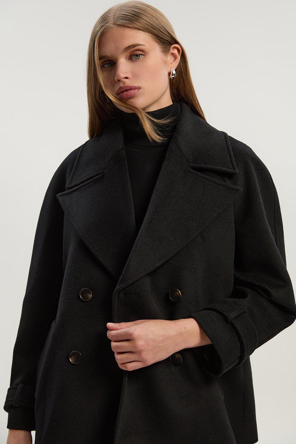 Tailored Brushed Wool Double Breasted Short Pea Coat - Black