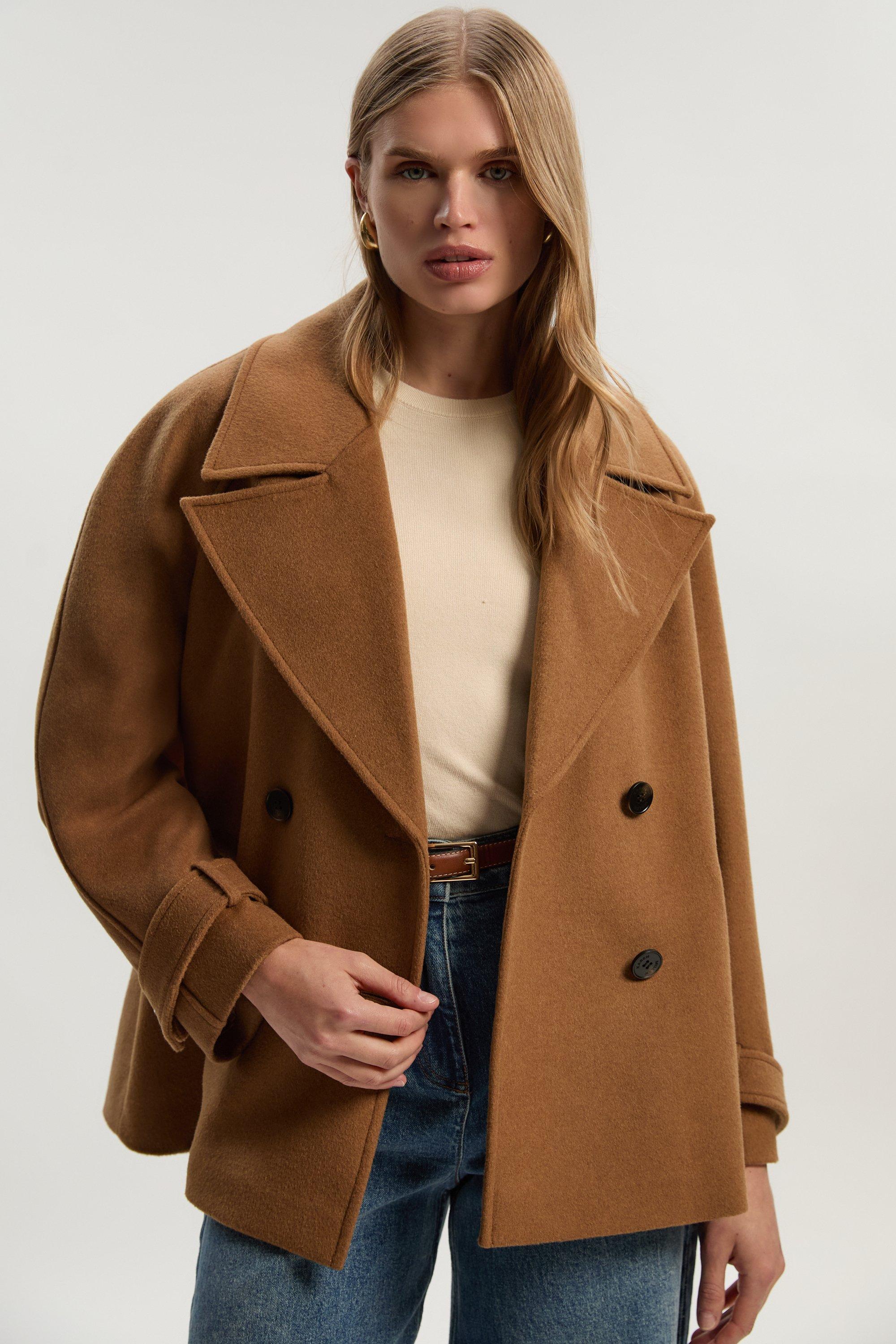 Tailored Brushed Wool Double Breasted Short Pea Coat - Camel