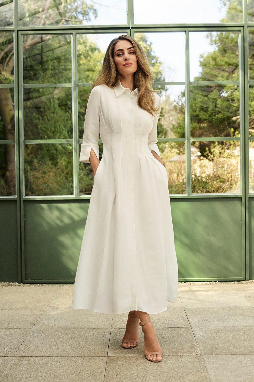 Lydia Millen Petite Premium Tailored Linen Darted Waist Midi Dress - Ivory