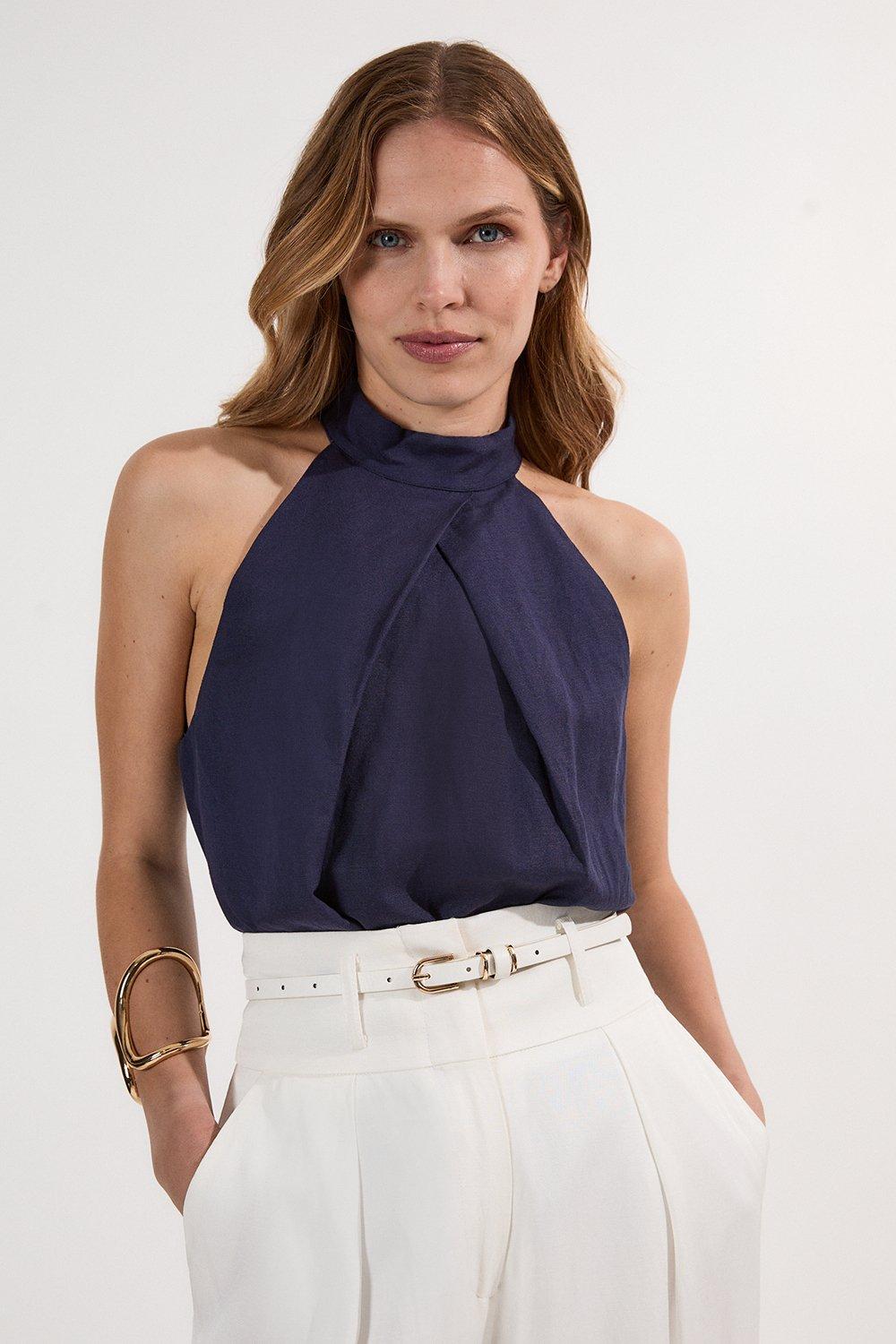 Viscose Linen Cross Front Halter Neck Woven Top - Navy